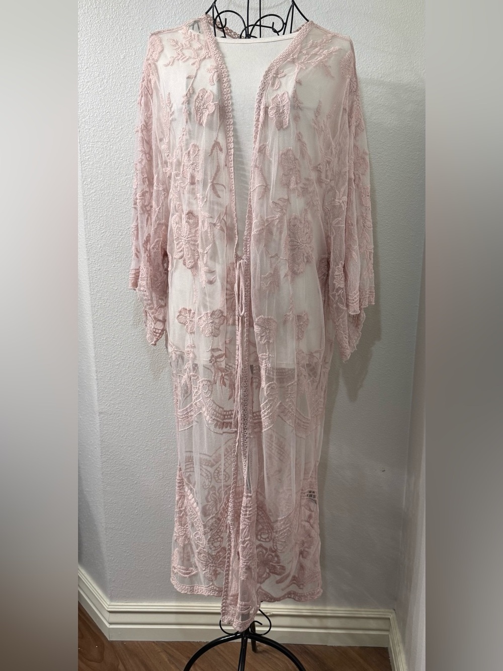 POL Blush Pink Embroidered Lace Cardigan Kimono Duster Boho Cotton